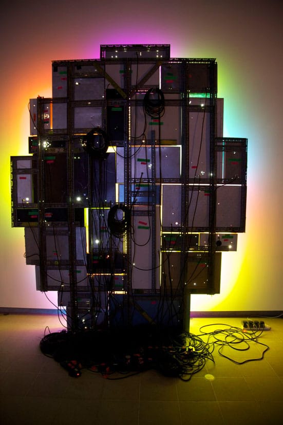 Light Show — 
David Batchelor  Magic Hour (2004/2007) Found steel and aluminium lightboxes, found steel supports, acrylic sheet, fluorescent light, cable, plugs, plugboards 308 x 206 x 13cm Courtesy the artist and Galeria Leme, Sao Paolo
