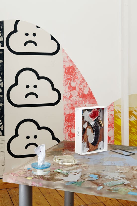 Feature on the new John Jones Project Space in the Arts Building, Finsbury Park — Ludovica GiosciaAppetite For Great Design, 2014 (in the background Cloud Ash Dolphin Crash, 2014)93 x 60 x 99 cmResin, ash, dirt, plastic debris, metal, plaster, Ikea table legs, Ipad box, terracotta, make-up, paper and acrylic paintCourtesy Riccardo Crespi, MilanAt Marcelle Joseph Projects Material Girls and their Muses