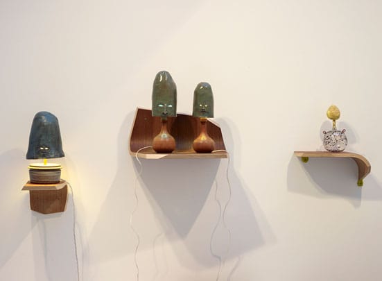 Feierabend - Francis Upritchard, Martino Gamper and Karl Fritsch — 
Francis Upritchard Mushroom Lamp 2009, ceramic & metal on wood shelf by Martino Gamper
Francis Upritchard Mushroom Pair 2009, ceramic & metal on wood shelf by Martino Gamper
Francis Upritchard Moon Bottle 2009, glass, modelling material on wood & modelling material shelf by Martino Gamper & Francis Upritchard 

