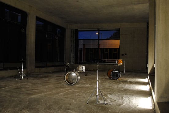 Rose Lejeune presents: Kam Lee and the Second Look An exhibition by Ed Atkins, Sion Parkinson and Richard Whitby, in the space of the new library at Dalston Square — Drums and Fruit by Sion Parkinson and Ed Atkins. Photography by James Lander.