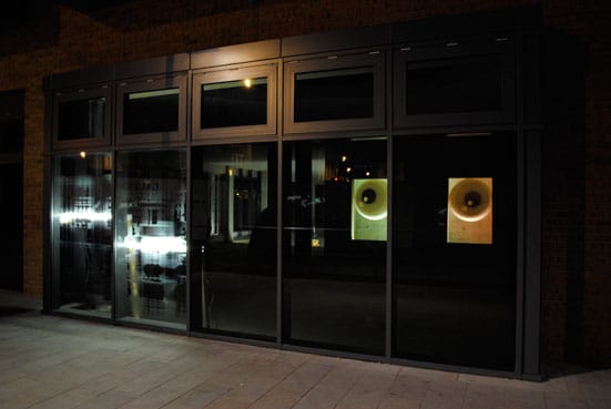Rose Lejeune presents: Kam Lee and the Second Look An exhibition by Ed Atkins, Sion Parkinson and Richard Whitby, in the space of the new library at Dalston Square — Window Work by Sion Parkinson, Eye Balloons by Ed Atkins. Photography by James Lander.
