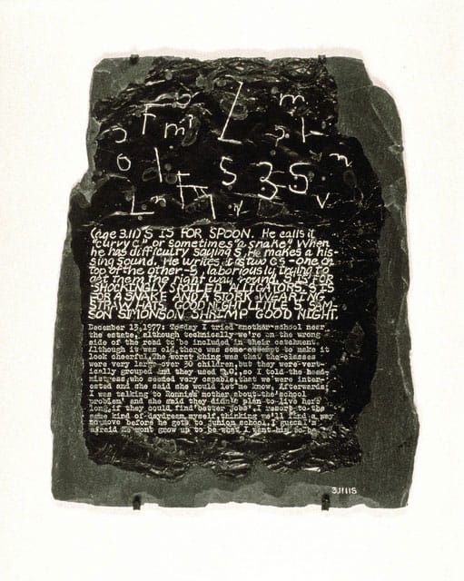 Mary Kelly: Projects, 1973-2010 — 
Mary Kelly 
Documentation VI: Pre-Writing Alphabet, Exergue and Diary, 1978
From Post-Partum Document 1973-79
