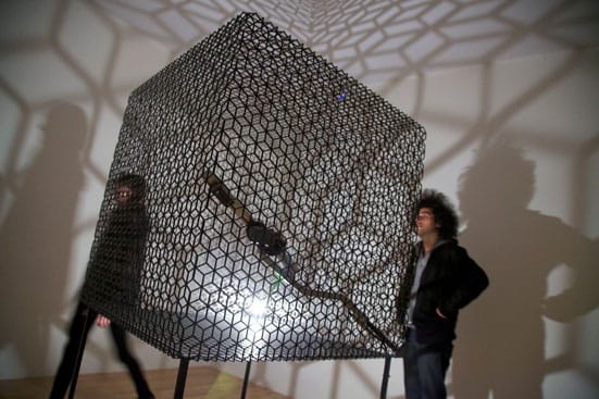 Light Show — Conrad Shawcross  Slow Arc inside a Cube IV (2009) Mechanised system, steel, light, aluminium and motors 180 x 90 x 90cm Courtesy the artist and Victoria Miro Gallery, London
