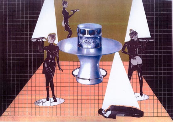 Preparatory collage for ‘Dynamite Fighter’ by boyleANDshaw, featuring Allen Jones’s designs for the Korova Milkbar