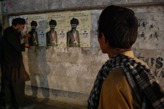Amanullah Mojadidi, Jihadi Gangster for Parliament, Campaign Poster Installation 1 (2010, Photo Credit Karim Amin)