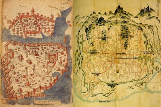 Work in Progress. Maps of the old city walls of Istanbul and Seoul in preparation for a three-month residency at the Geumcheon Art Space, Seoul.