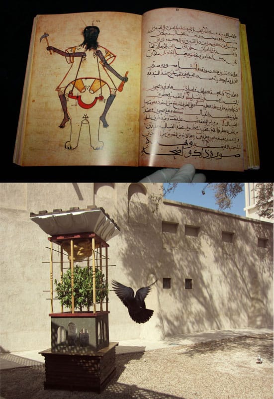 Above: From ‘The Book of Knowledge of Ingenious Mechanical Devices’ by Al Jazari, in 1206.
Below: ‘Somewhere in the Middle of Two, Southwest of One, and North of the Other’ (The Glasgow Tower) Three kinetic windcatchers dedicated to Glasgow, Istanbul and Dubai, disseminating respectively humidity, scent and sound. Each tower is 320X100X100cm, 2012.