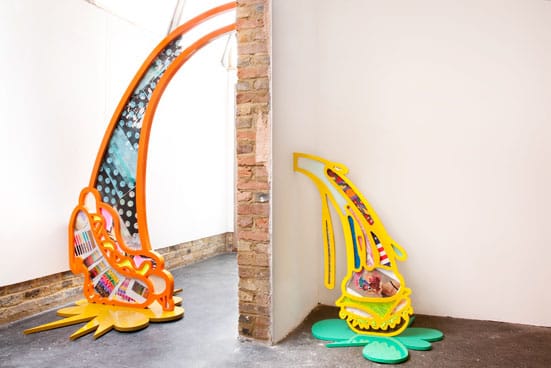 
'Pan-Hotdog' & 'Pan-Cheeseburger' Vomitoriae, 2010
Wood, metal, fabric, wallpaper, plastic and gloss paint.
Pan-Hotdog measures 1.65m by 2.24m by 10cm and the base is 1m by 1.20m by 5cm.
Pan-Cheesburger measures 80cm by 120cm by 4cm and the base is 82cm by 84cm by 2cm.
PHOTOGRAPHY BY MICHELE PANZERI
Courtesy The Agency Gallery, London
